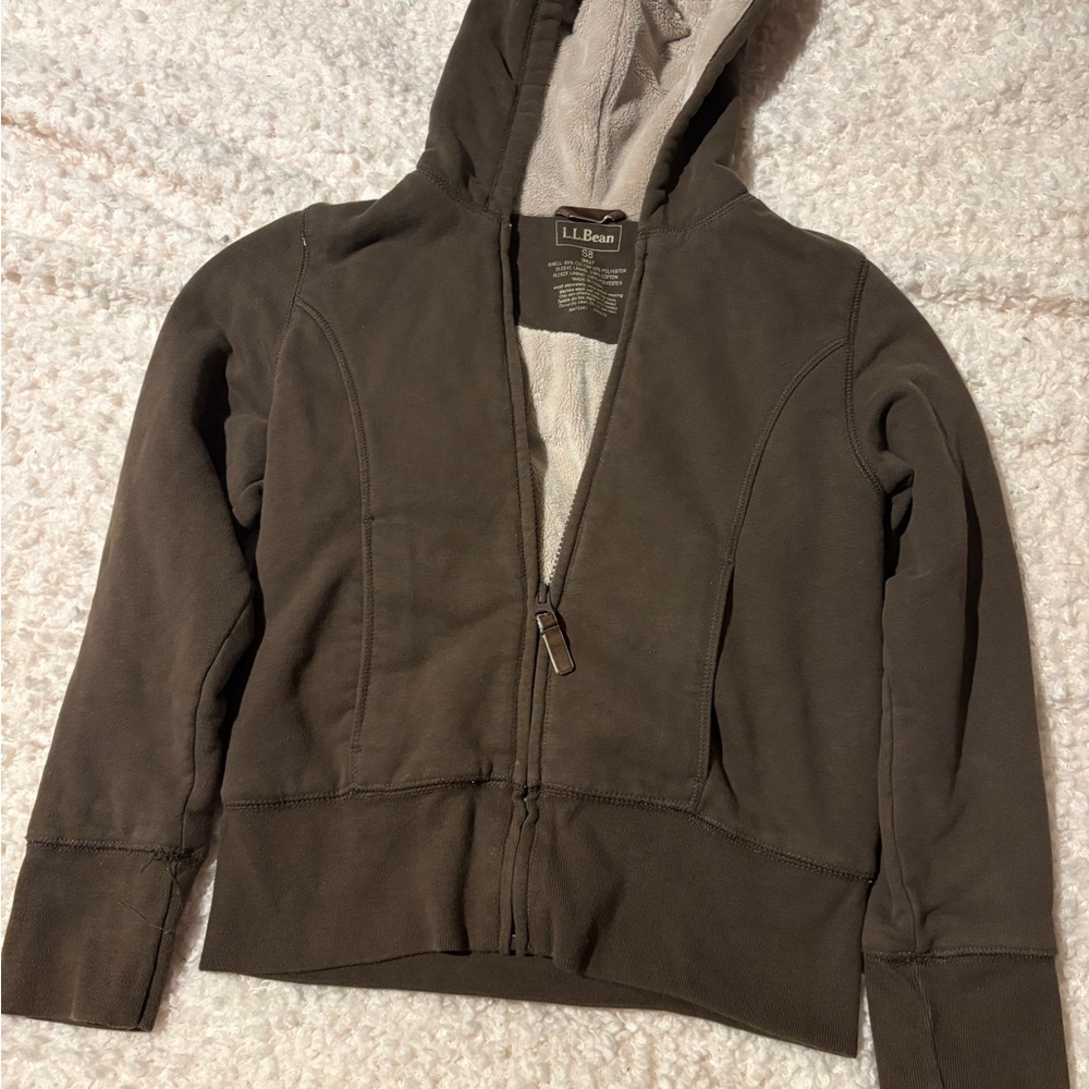 L.L. Bean Brown Hooded Puffer with Cream Sherpa Lining Kids Size S